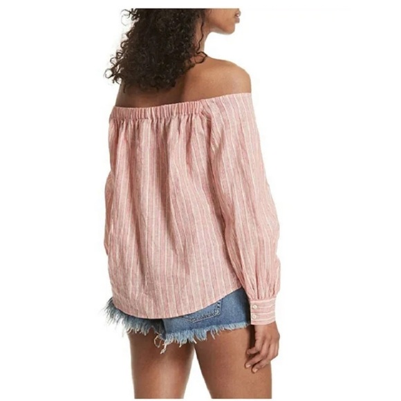 Free People Hello There Beautiful Off Shoulder Red Cream Striped Relaxed Top - Picture 3 of 15